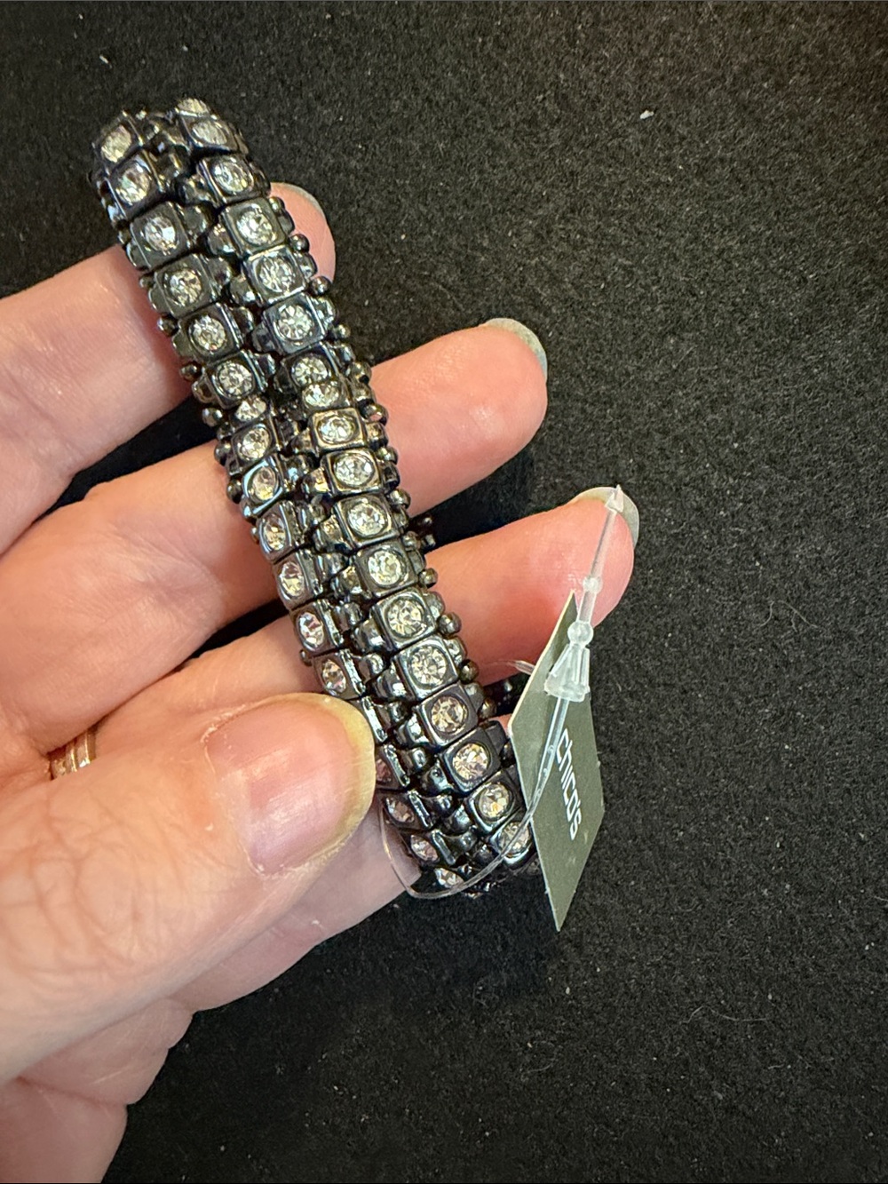 Chico's Gunmetal Stretch Bracelet with Clear Crystals